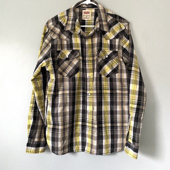 Levis Shirt Mens Medium Yellow Gray Pearl Snap Long Sleeve Hipster Western - Picture 1 of 9